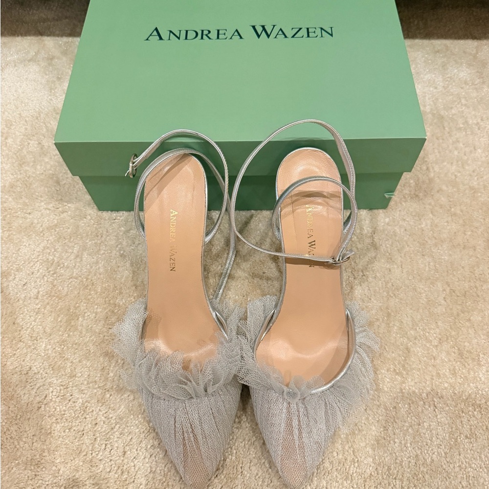Andrea Wazen Silver Pointed-Toe Tulle Slingback Heels
